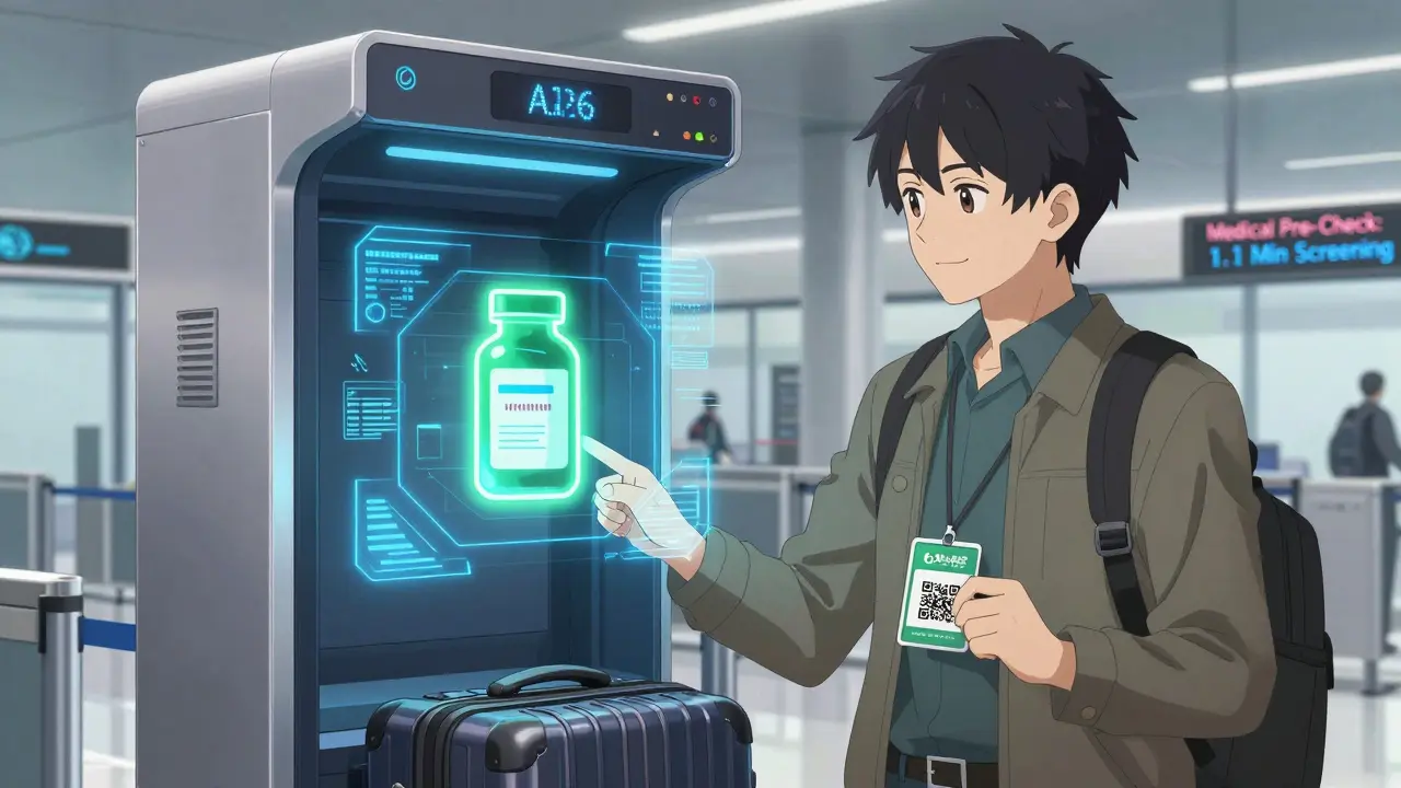 AI scanner identifying labeled medications with glowing outlines at futuristic airport checkpoint