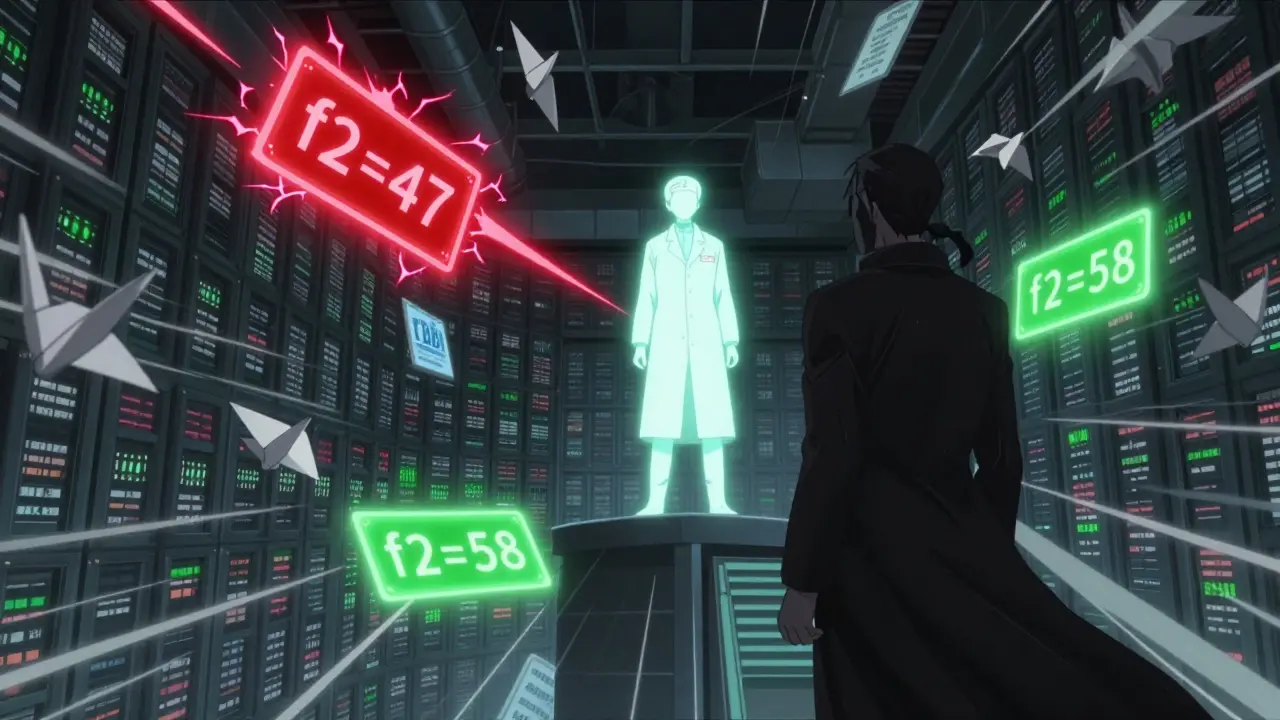 An FDA inspector stands atop a swirling database of dissolution methods, one dissolving profile glowing red, another green.