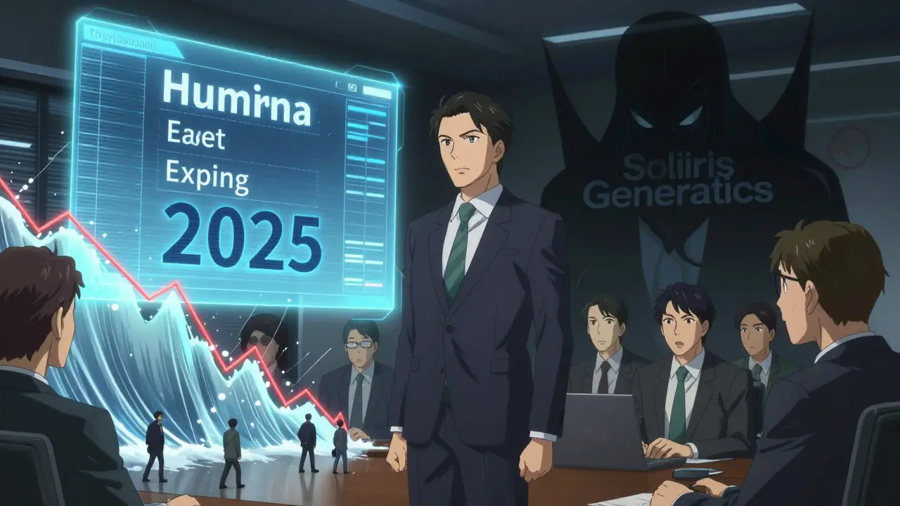 Corporate executive facing hologram of expiring patent, shadowy generic subsidiary emerging in background.