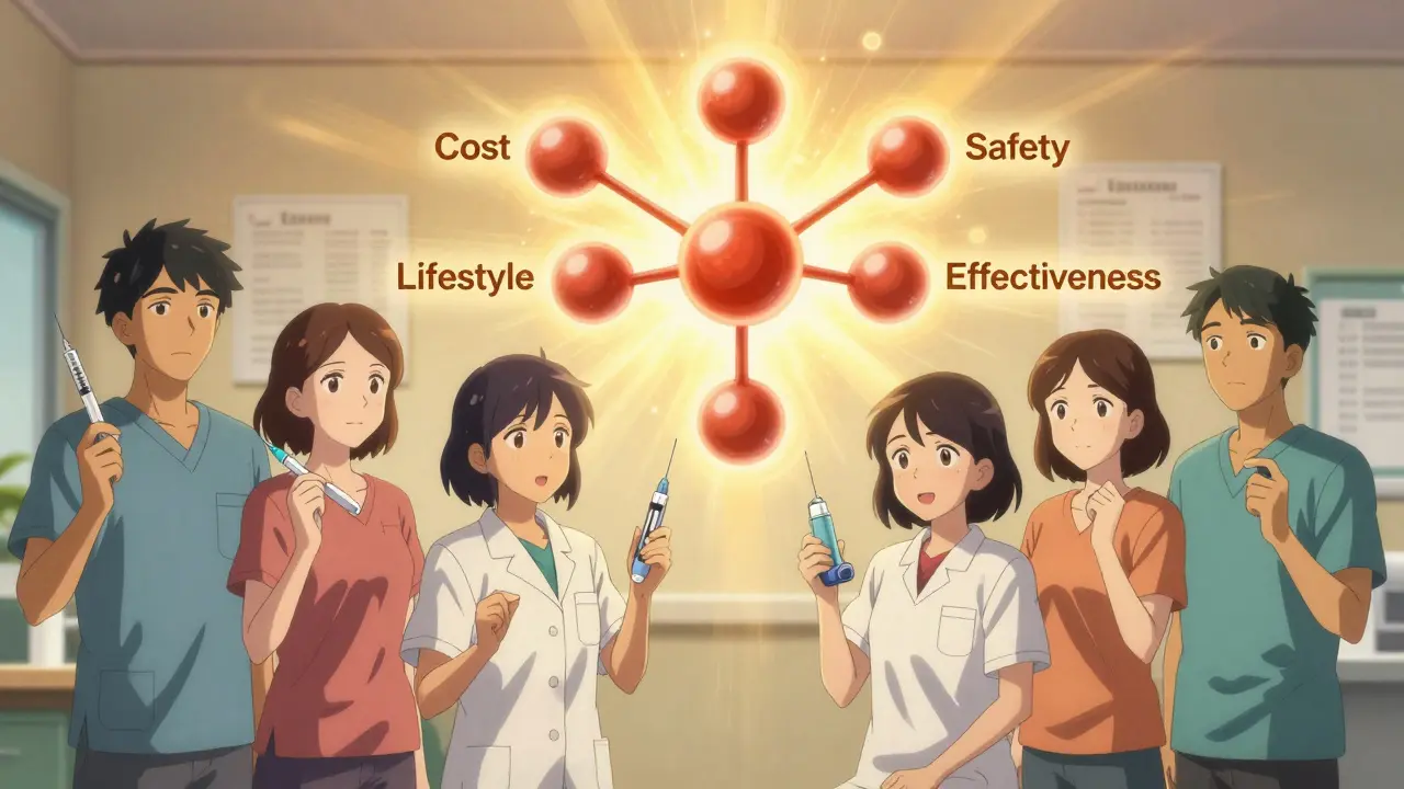 Diverse patients hold different insulin devices as a glowing molecule splits into key choice pathways.