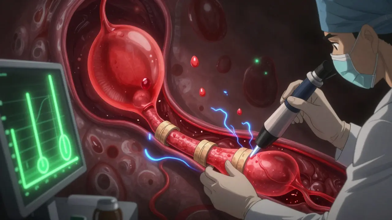 Endoscopic view of esophageal varices being treated with rubber bands, blood droplets suspended in air, glowing pressure graphs.