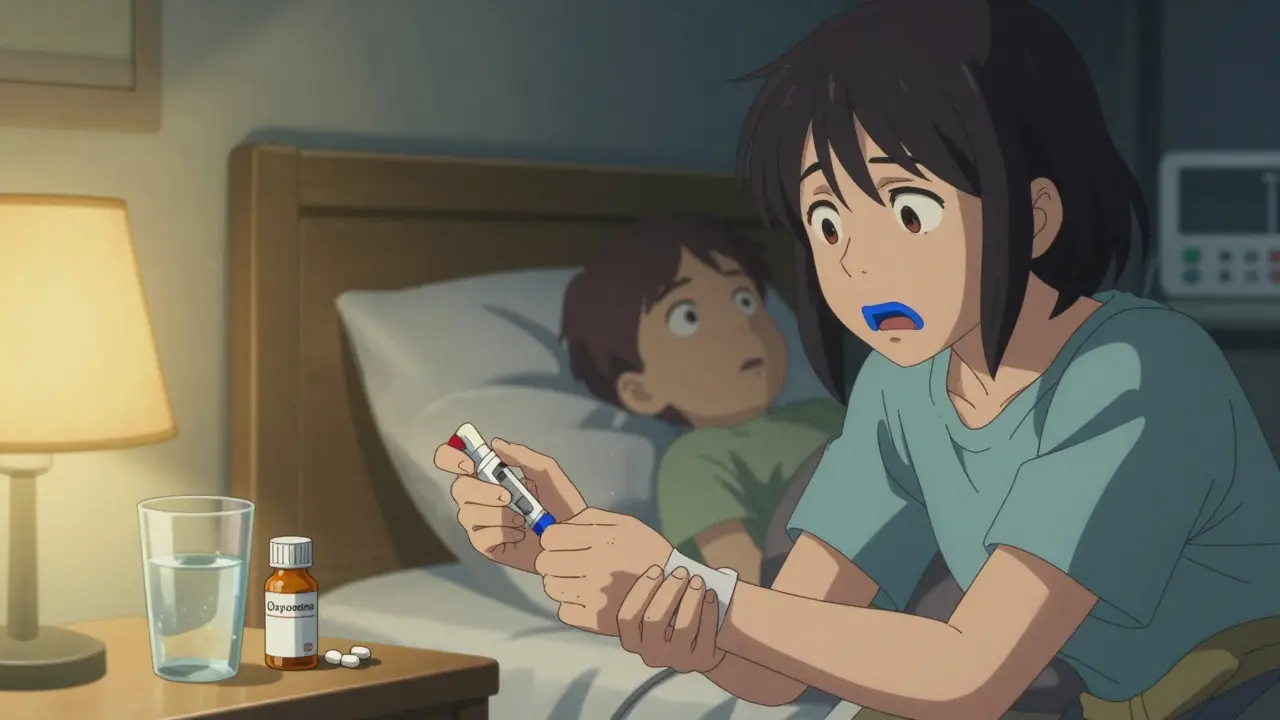 Family member notices blue lips of opioid patient and reaches for naloxone beside pill bottle.