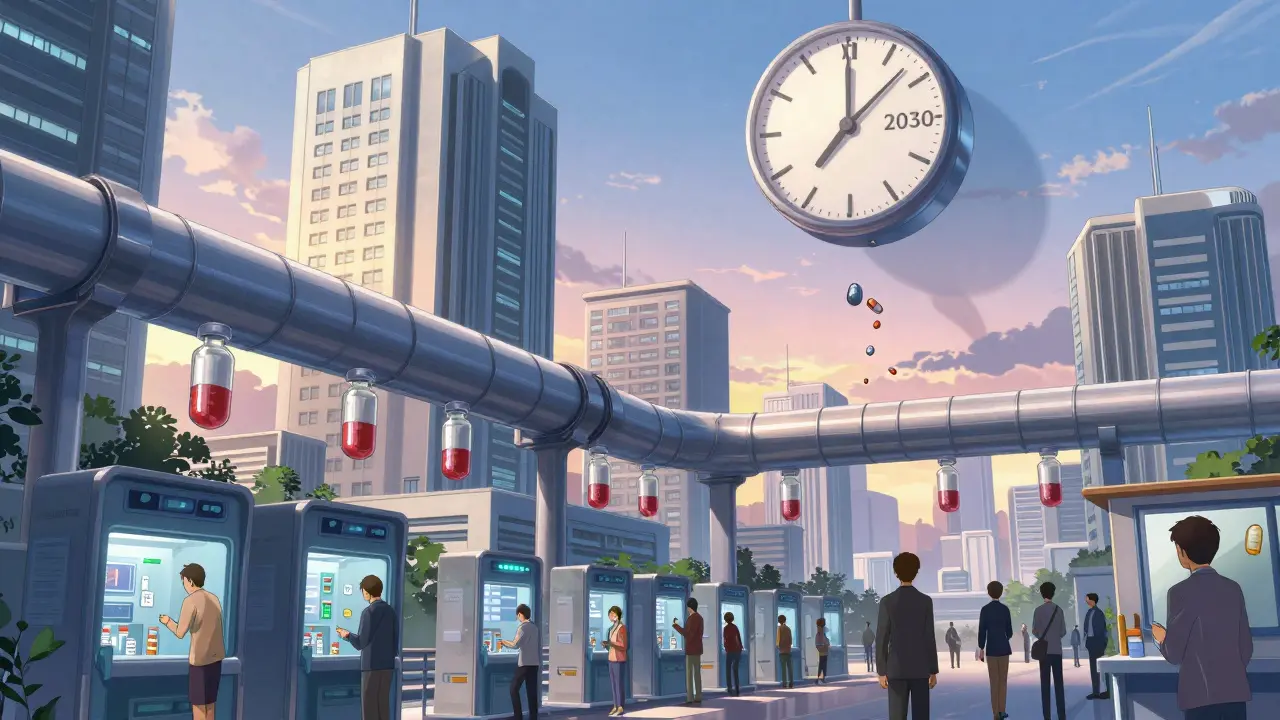 Futuristic city with floating medicine capsules and a 2030 clock casting dissolving pill shadows.