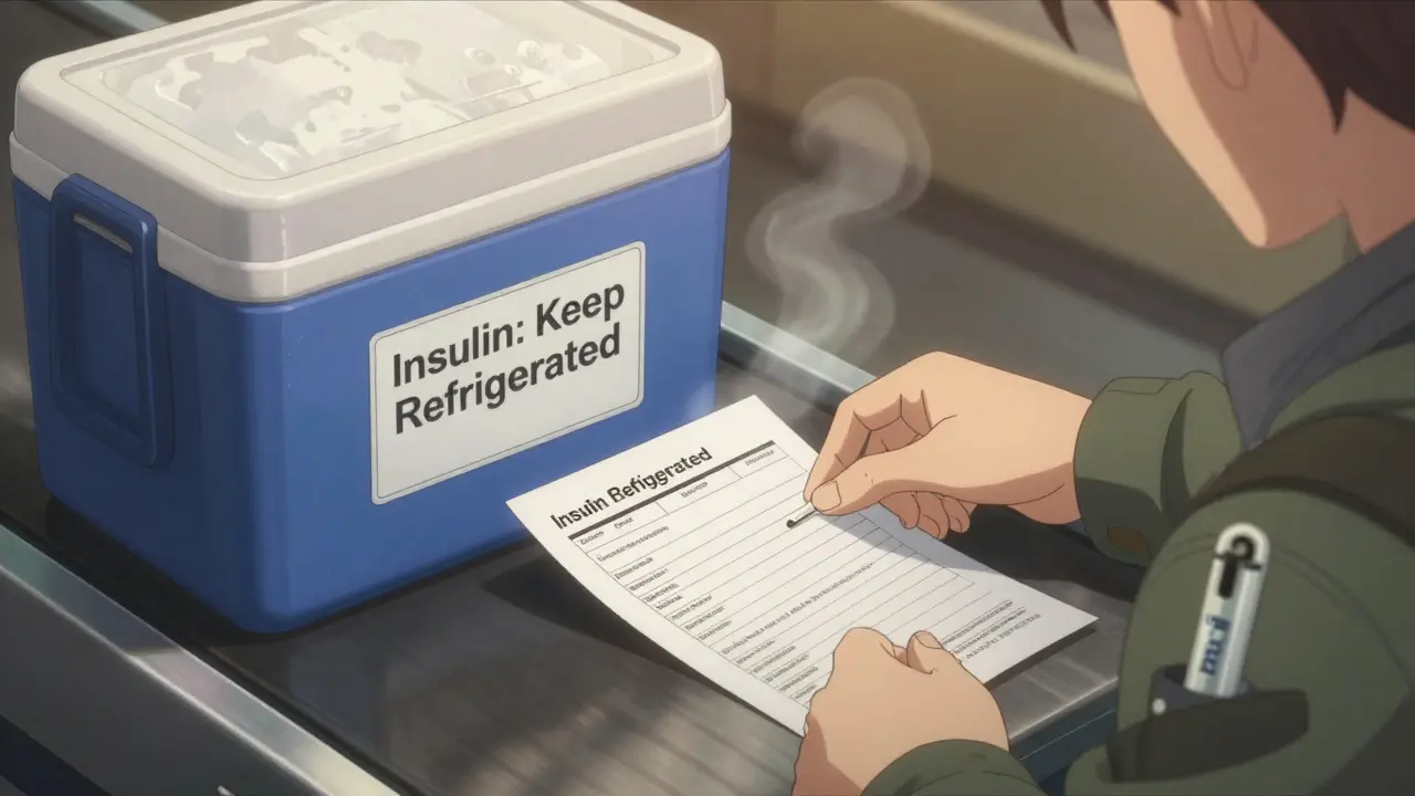 Hand placing printed medication list and insulated cooler with frozen ice packs on X-ray belt