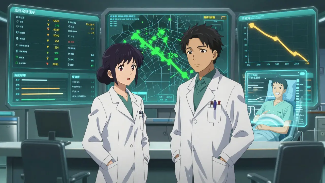 Healthcare specialists monitor digital dashboards showing declining C. diff rates in a hospital command center.