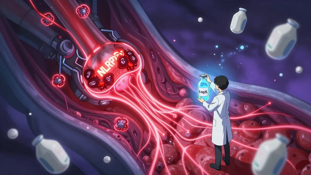 Inside a joint showing inflammasome activation, glowing immune signals, and a vial stabilizing uric acid levels.