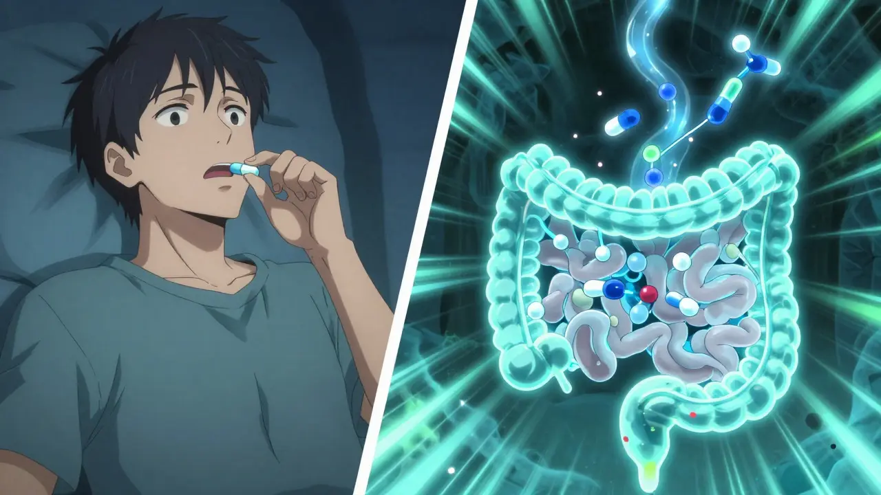 Inside the gut, antibiotic molecules being bound by metal ions, forming clumps that can't be absorbed.