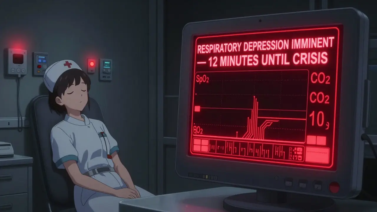 Nurse ignores alarm fatigue while AI monitor flashes urgent respiratory depression warning.
