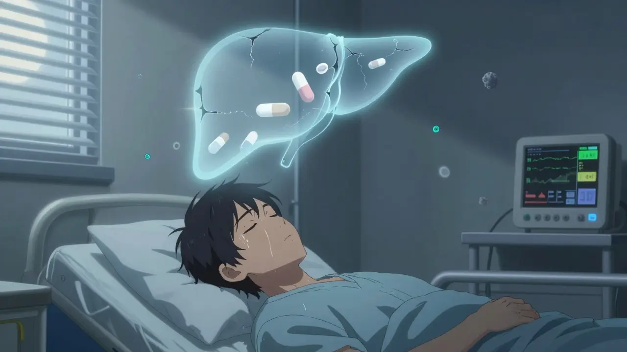 Patient in ICU with ghostly antibiotic pills above, casting liver-shaped shadows on the wall under moonlight.