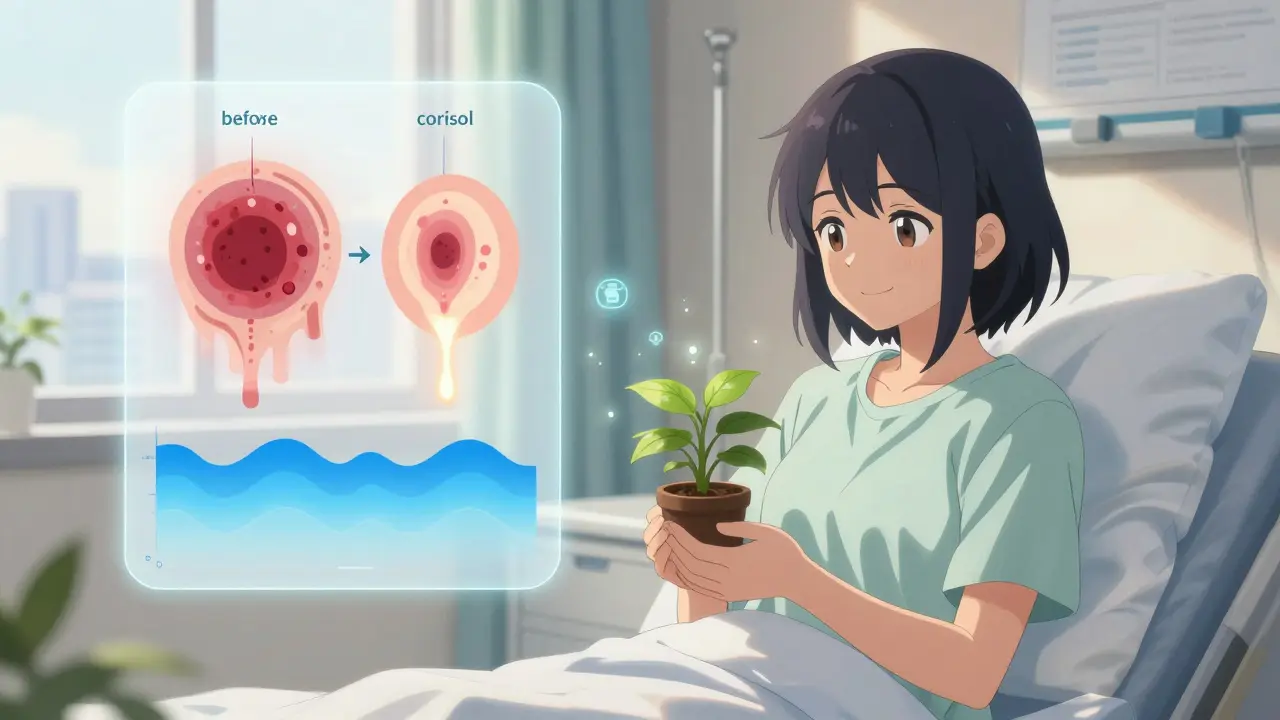 Patient smiling in sunlight after adrenal surgery, tumor dissolving into calm waves