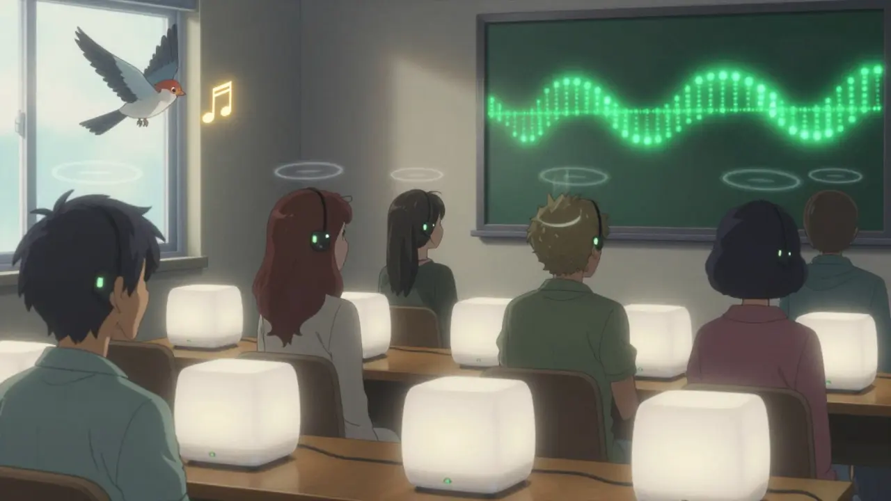 People in a calm room with hearing aids and fading sound rings, a bird flying outside.