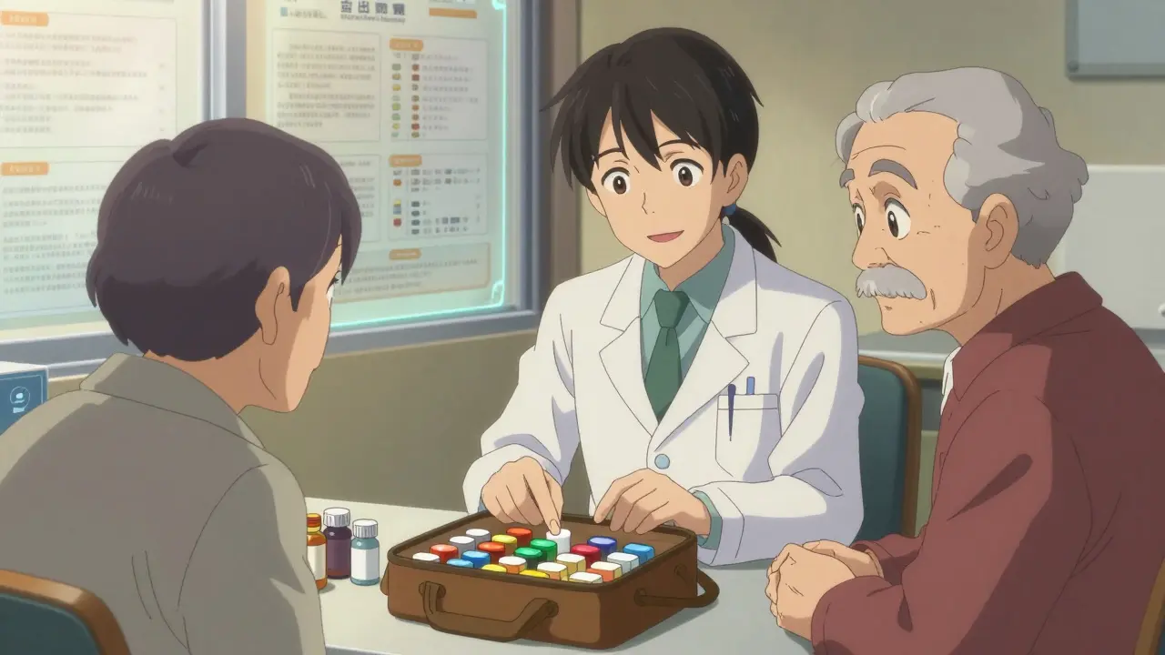 Pharmacist and senior reviewing medications together at a clinic table with bottles laid out.