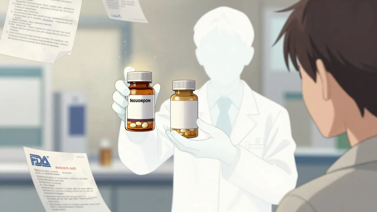 Pharmacist giving two pill bottles — one branded, one plain — with invisible identical contents revealed.