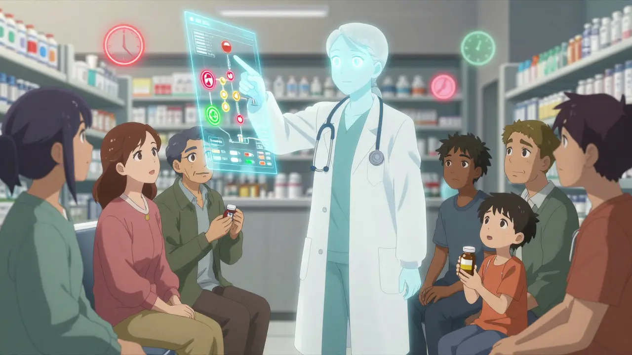 Pharmacist guiding patients through floating alcohol-medication interaction chart in pharmacy.