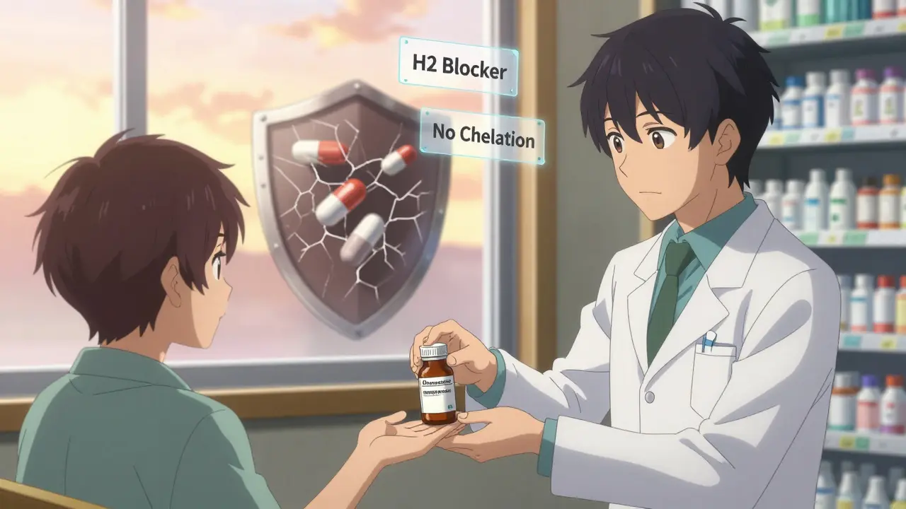 Pharmacist handing a safer acid reducer to a patient, with glowing labels showing no drug interaction.