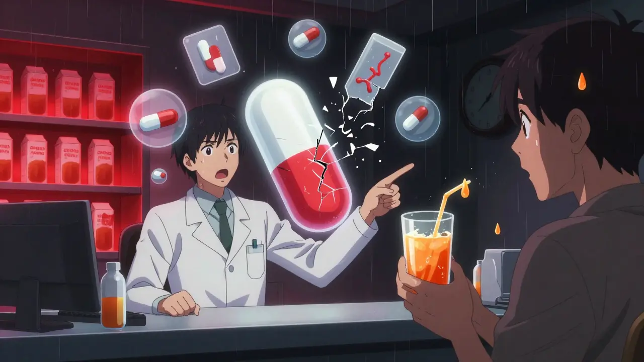 Pharmacist warning a customer about calcium juice interactions, a shattered pill sign hovering between them.