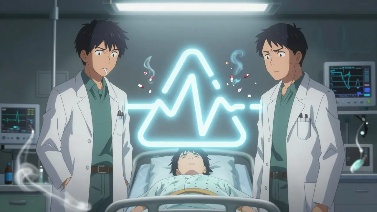Pharmacists and cardiologists reacting to a floating torsades rhythm warning above a patient in a hospital bed.