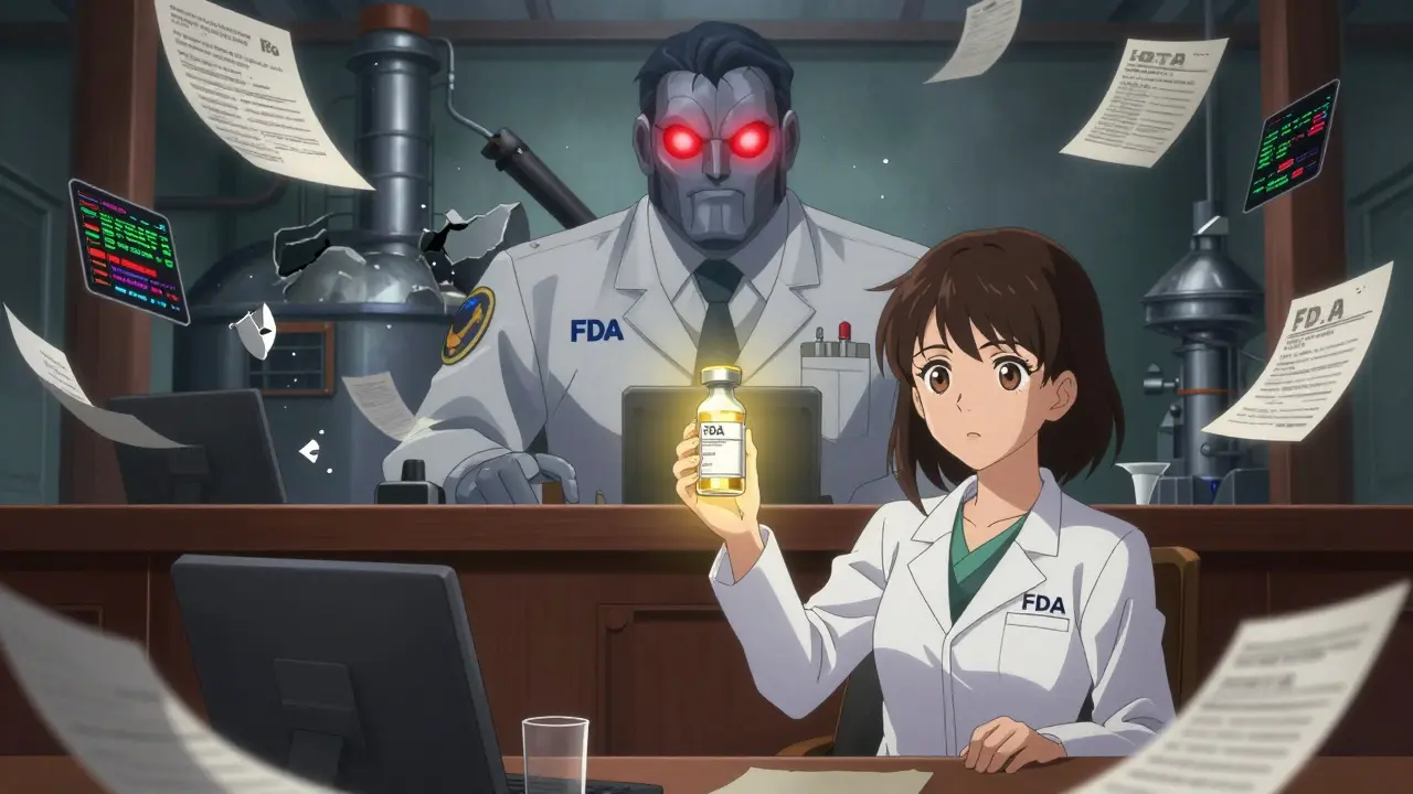 Regulatory hearing with a scientist holding a glowing biosimilar vial amid corrupted data.