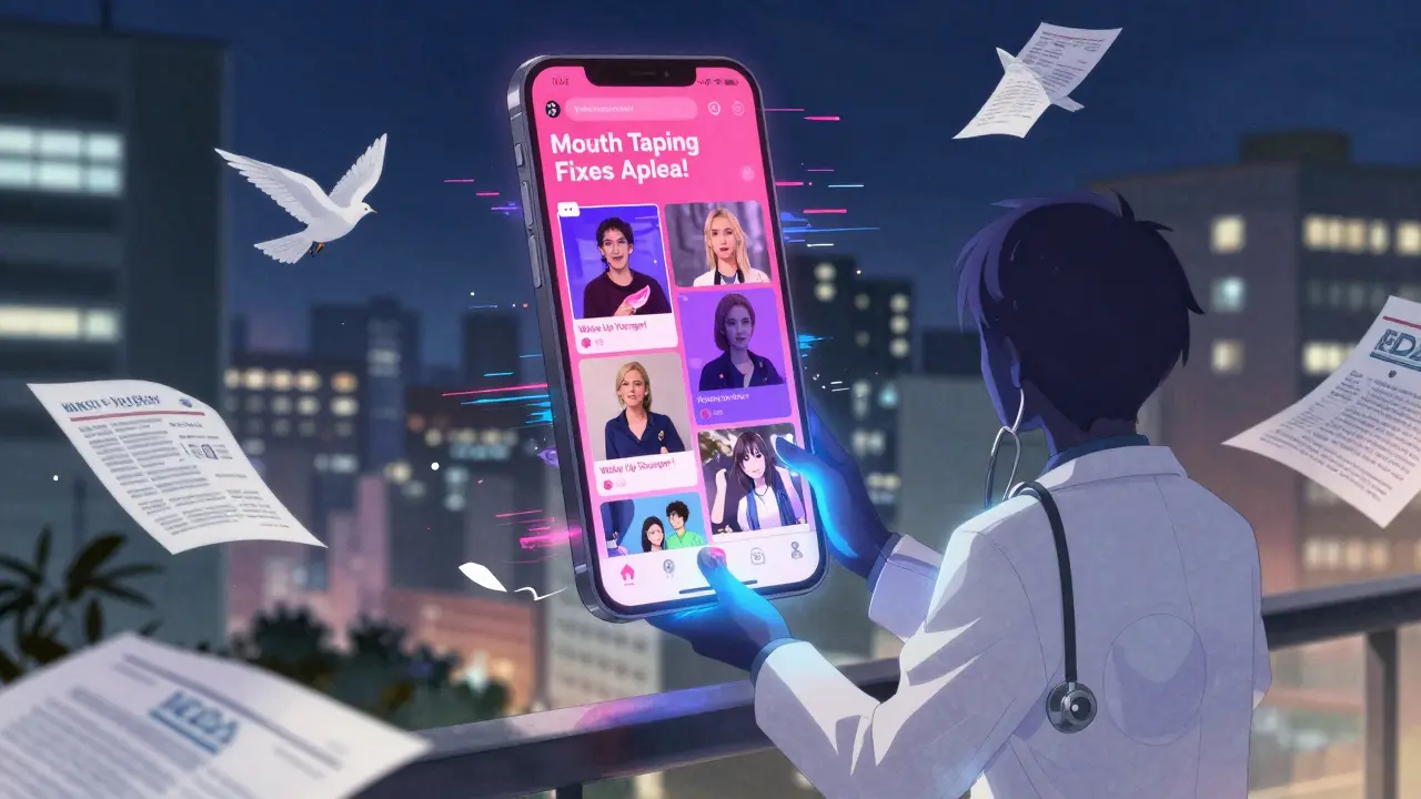 Social media feed of viral mouth taping videos fading as a doctor's hand brings calm blue light and medical warnings.