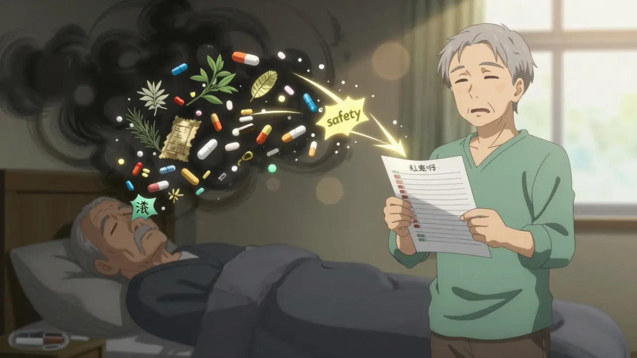 Split scene: chaotic pills dissolving into clarity as a senior holds a clean medication list.