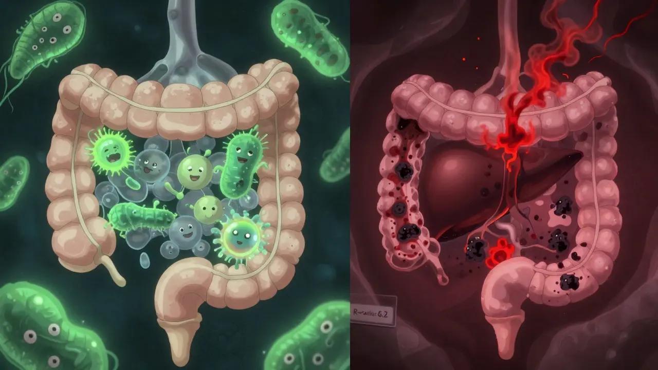 Split scene: healthy gut bacteria on one side, decayed microbiome leaking toxins into blood toward the liver on the other.