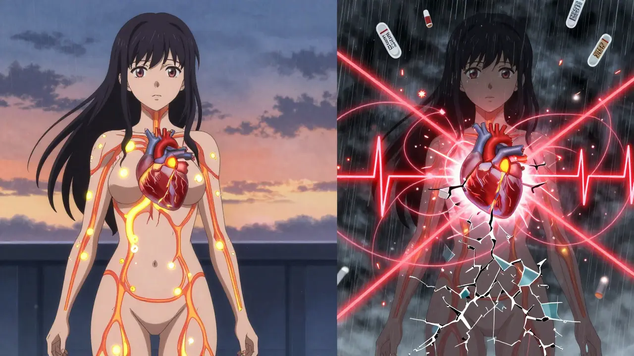 Split scene: healthy heart vs. heart in torsades crisis with ion flows and drug labels falling like rain.
