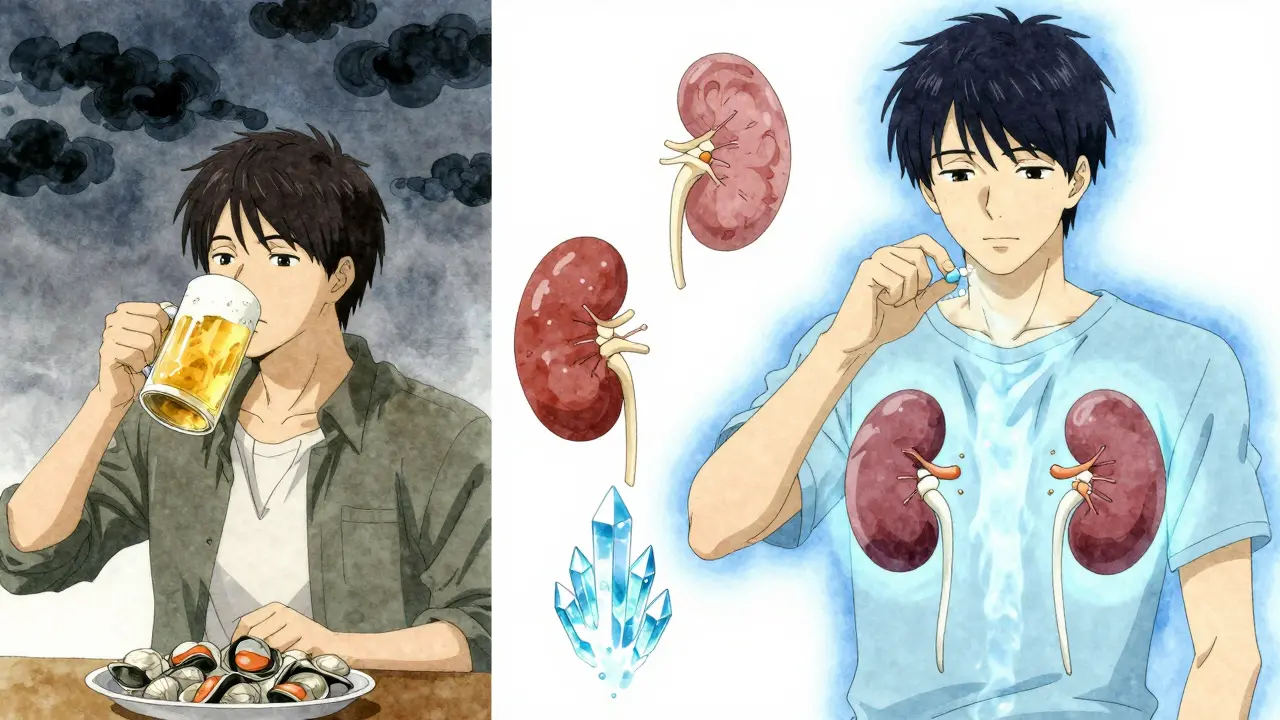 Split scene: man consuming trigger foods vs. taking medication, uric acid crystals dissolving into mist.