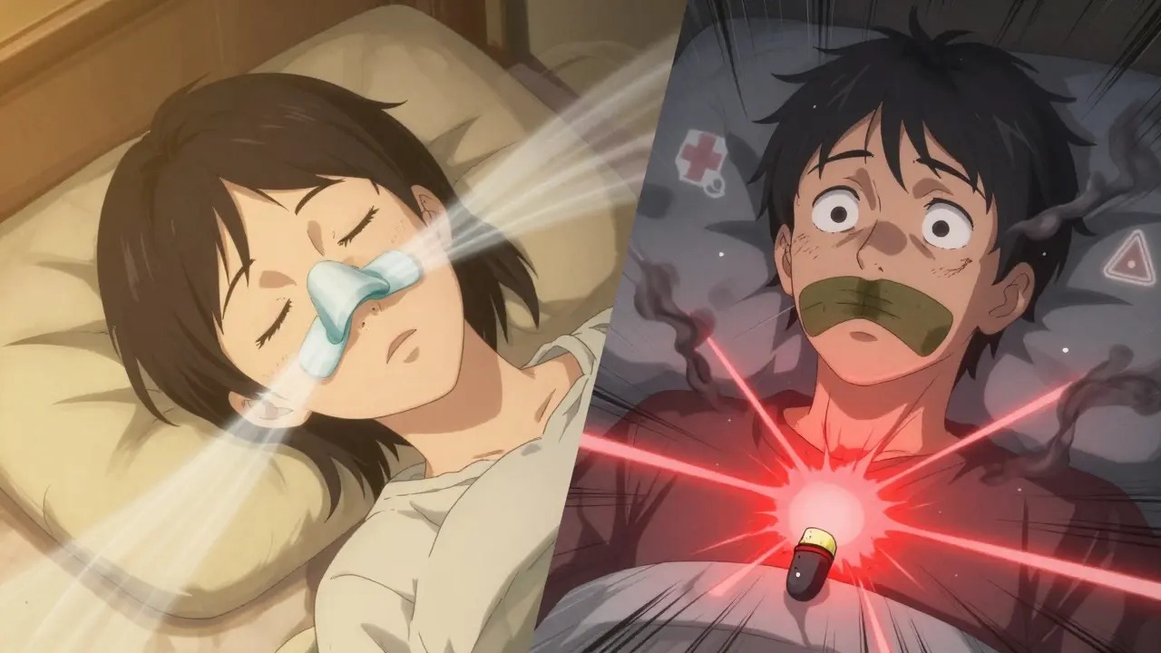 Split scene: one person breathing safely through nose, another panicked with taped lips and falling oxygen levels.