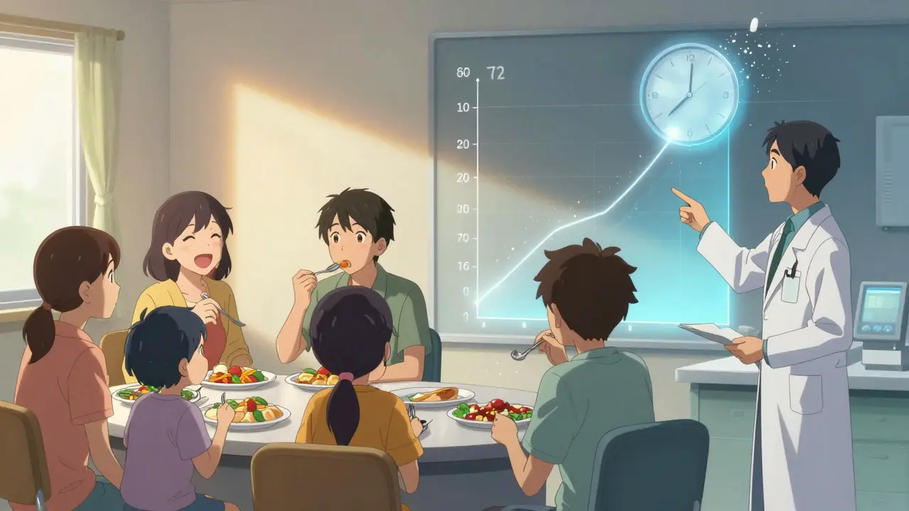 Split scene: patient eating with family vs. same patient in clinic as steroid levels drop.
