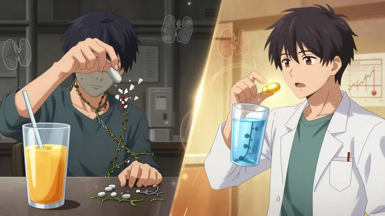 Split scene: pill crumbling in juice vs. dissolving smoothly in water, with medical symbols floating around.