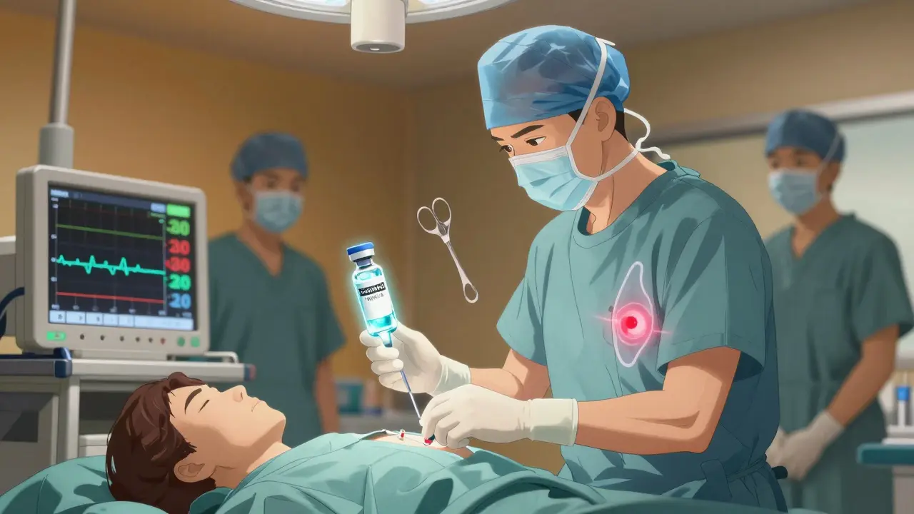 Surgeon giving pre-op medication as adrenal tumor glows with warning light