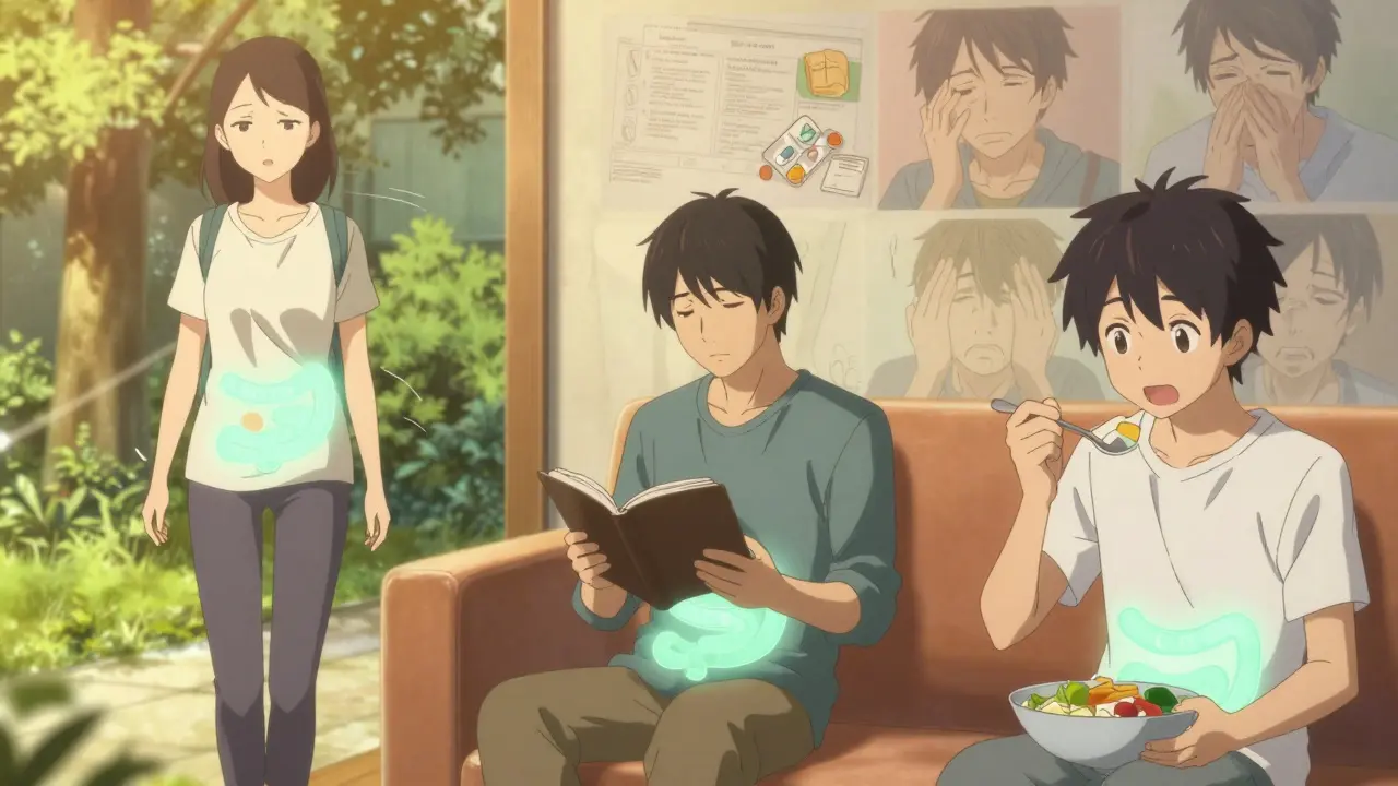 Three IBS patients enjoying daily life with faint mint-green auras symbolizing relief from symptoms.