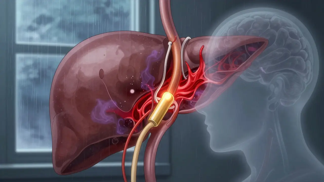 TIPS stent connecting liver veins, redirected blood flow, toxic particles escaping, brain clouded by haze, symbolic rain outside.