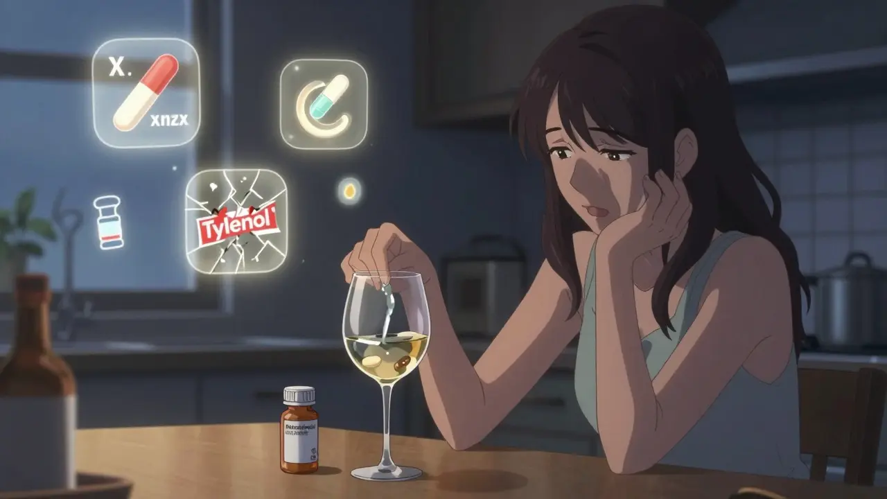 Woman hesitating with wine glass over metronidazole pill bottle, ghostly reflection showing reaction.