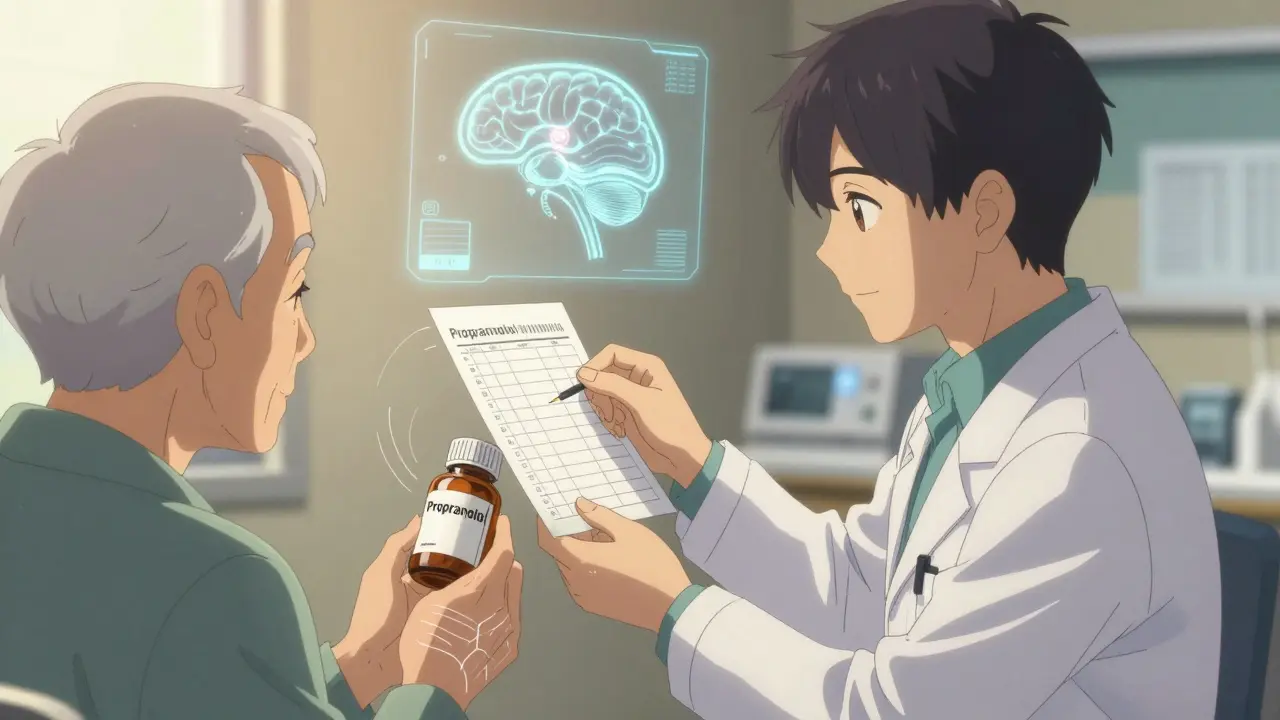 A neurologist and elderly patient reviewing medication, with a glowing diagram of the brain in the background.