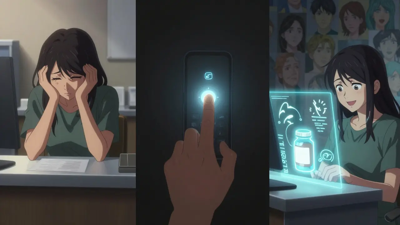 A patient transitioning from frustration to relief as a professional interpreter appears on a screen.