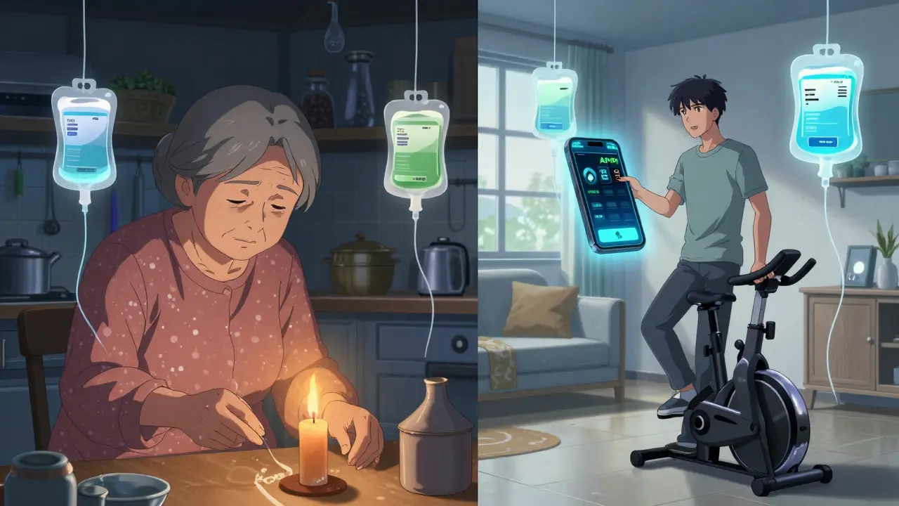 A split scene: an elderly woman doing CAPD by candlelight vs. a young man using a smart APD system in a modern home.