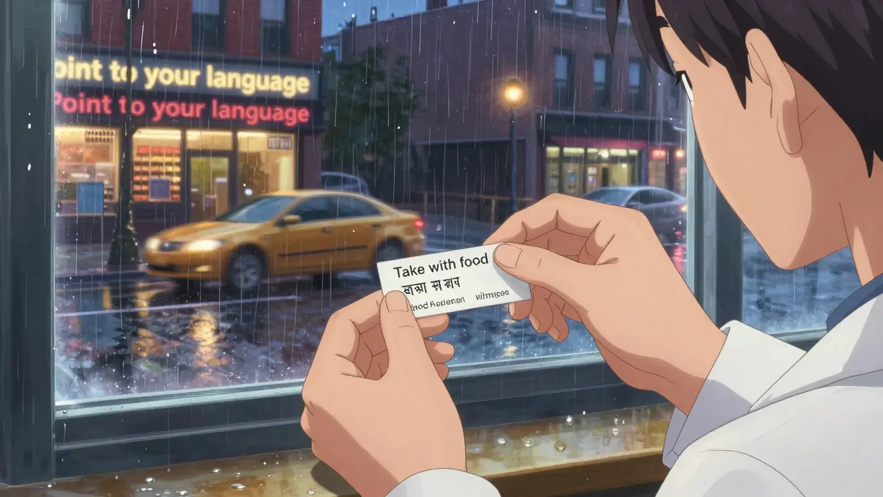 A translated prescription label beside a patient's hand with city lights reflecting on wet pavement.