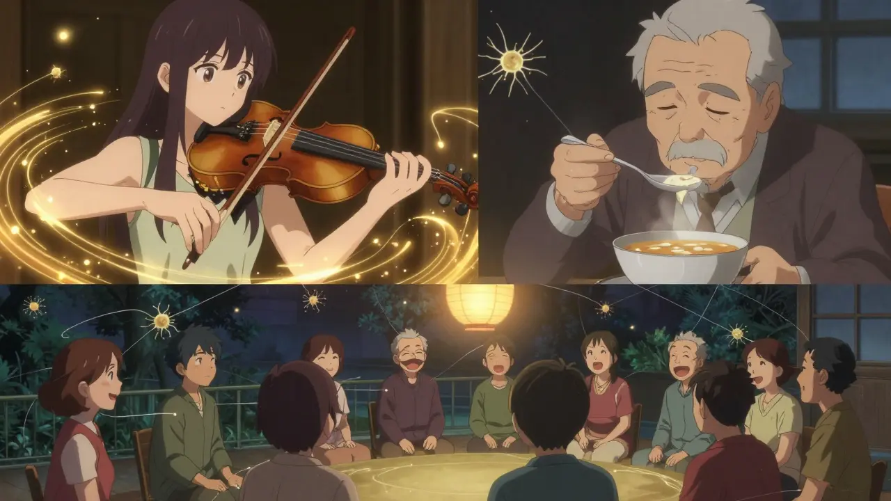A violinist playing smoothly, an elderly man eating with a weighted spoon, and a group of patients laughing together in support.