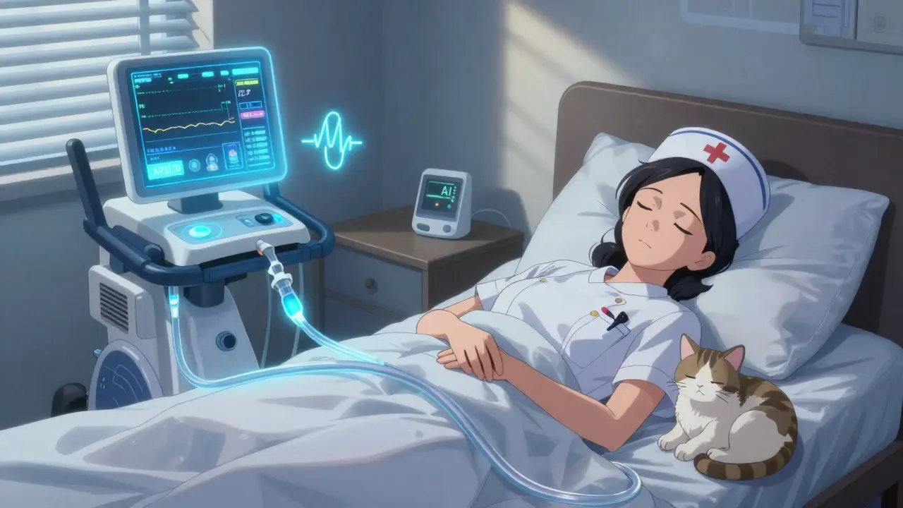 A woman sleeping peacefully as a quiet APD machine glows softly beside her, with subtle digital data floating above.