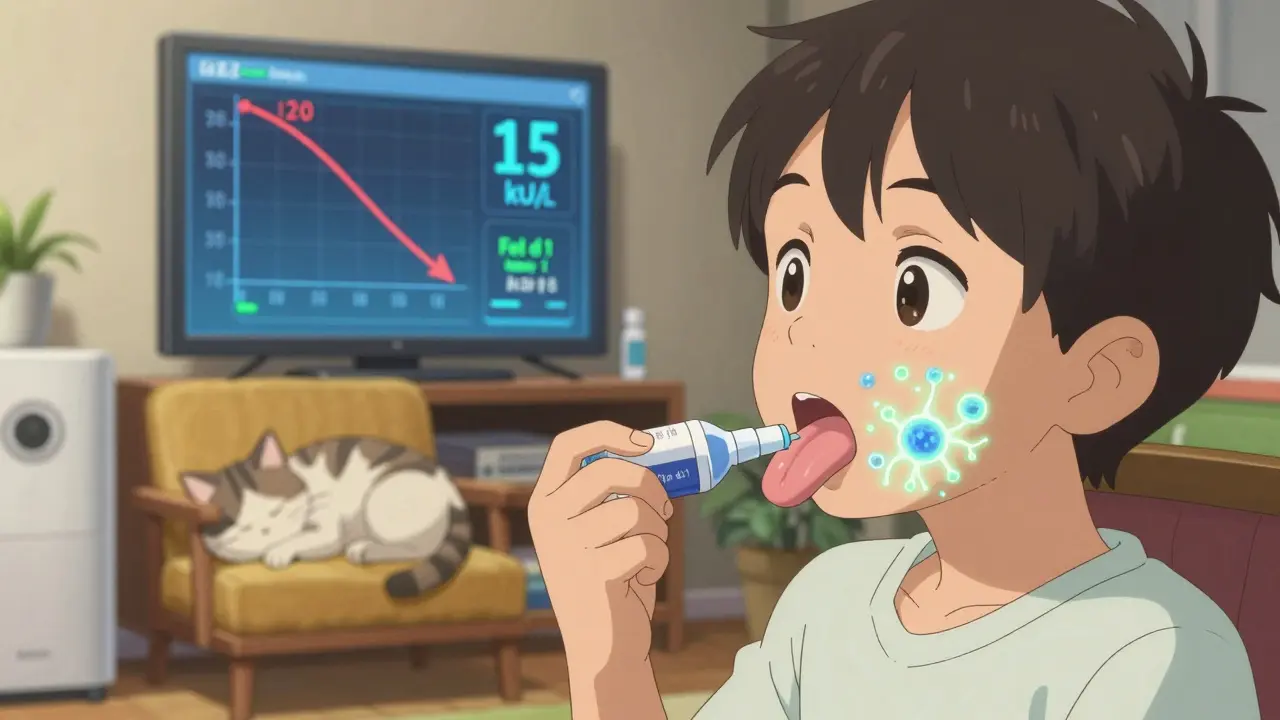 Child receiving sublingual immunotherapy drops, immune cells neutralizing allergens, cat sleeping nearby.