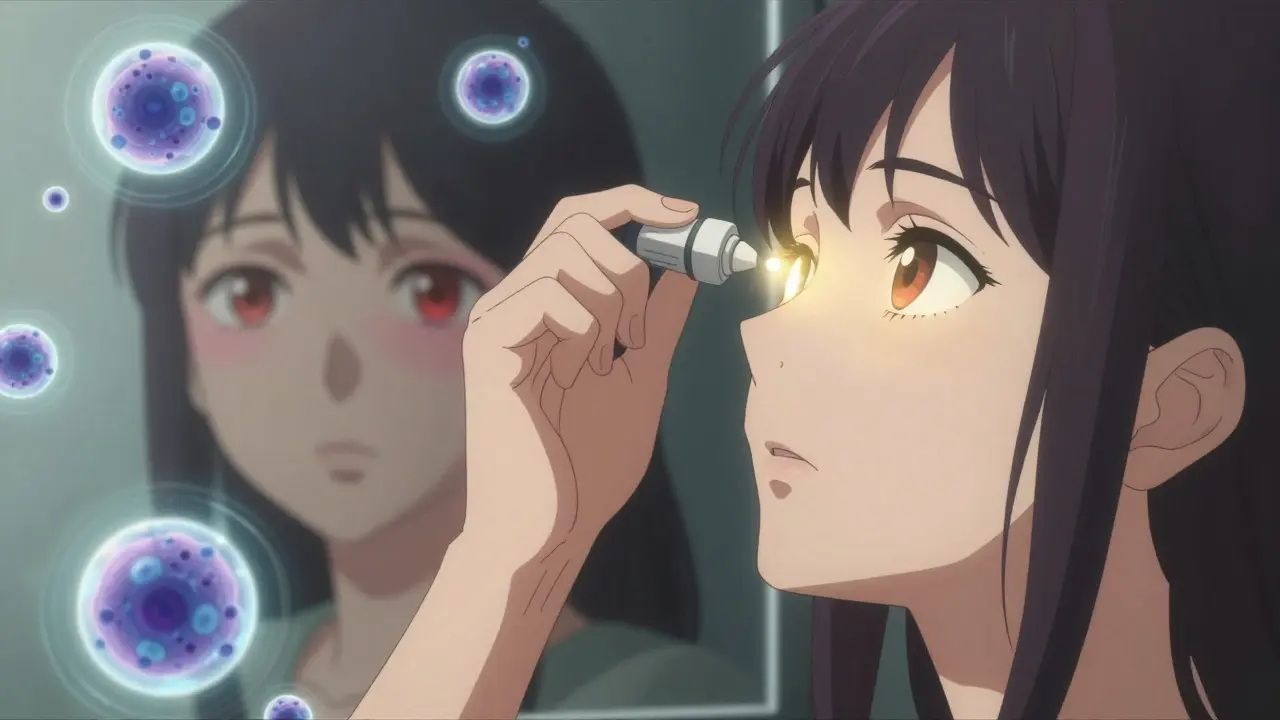 Close-up of someone applying eye drops with glowing molecular effects, redness fading from their eyes.