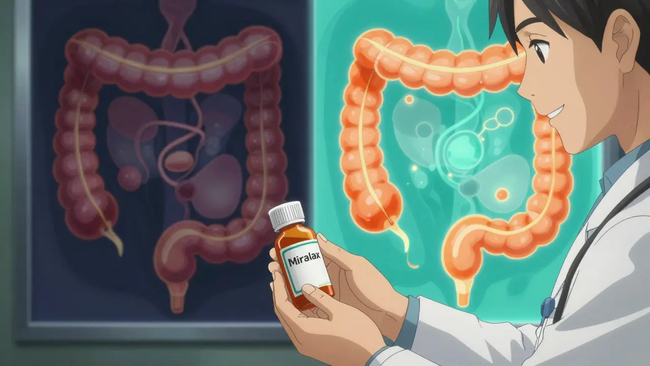 Doctor giving Miralax to patient, with contrasting images of blocked and healthy intestines.