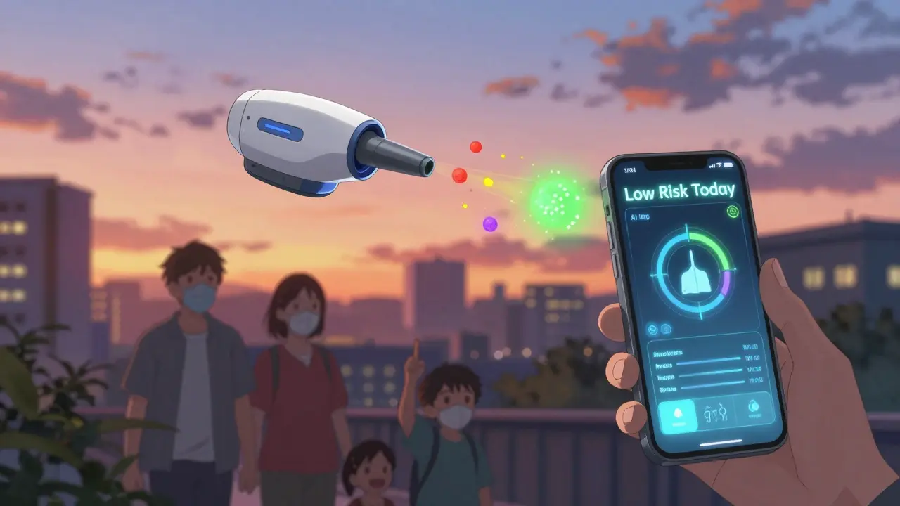 Futuristic nasal sensor detecting airborne allergens over a city, AI asthma prediction displayed on smartphone.