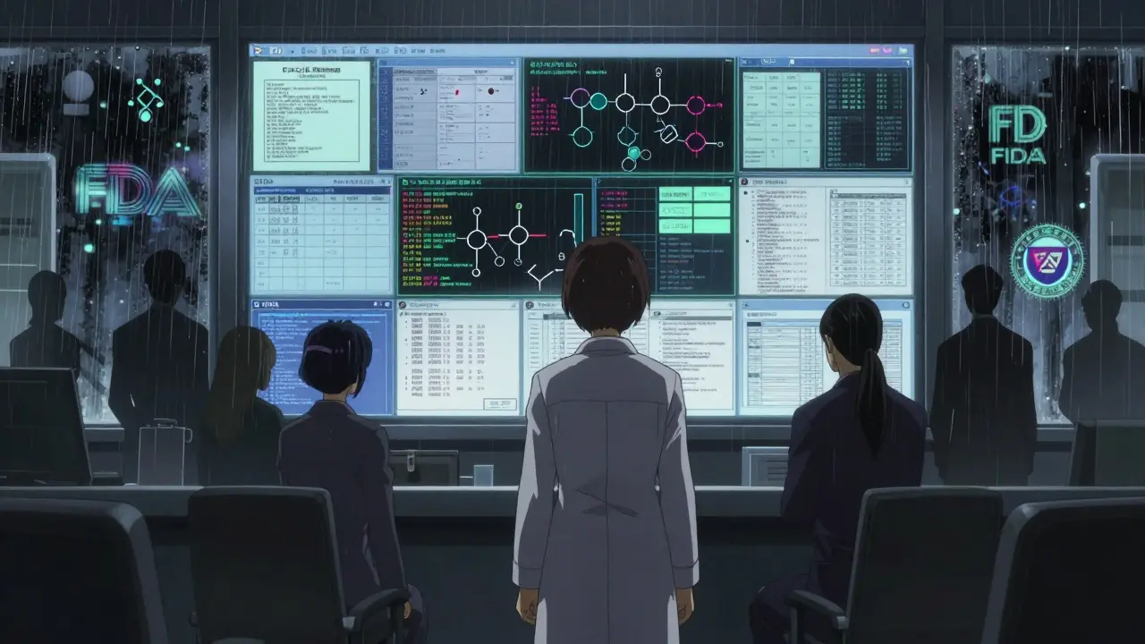 Generic drug applicant facing FDA review screens with patent holders looming in shadows