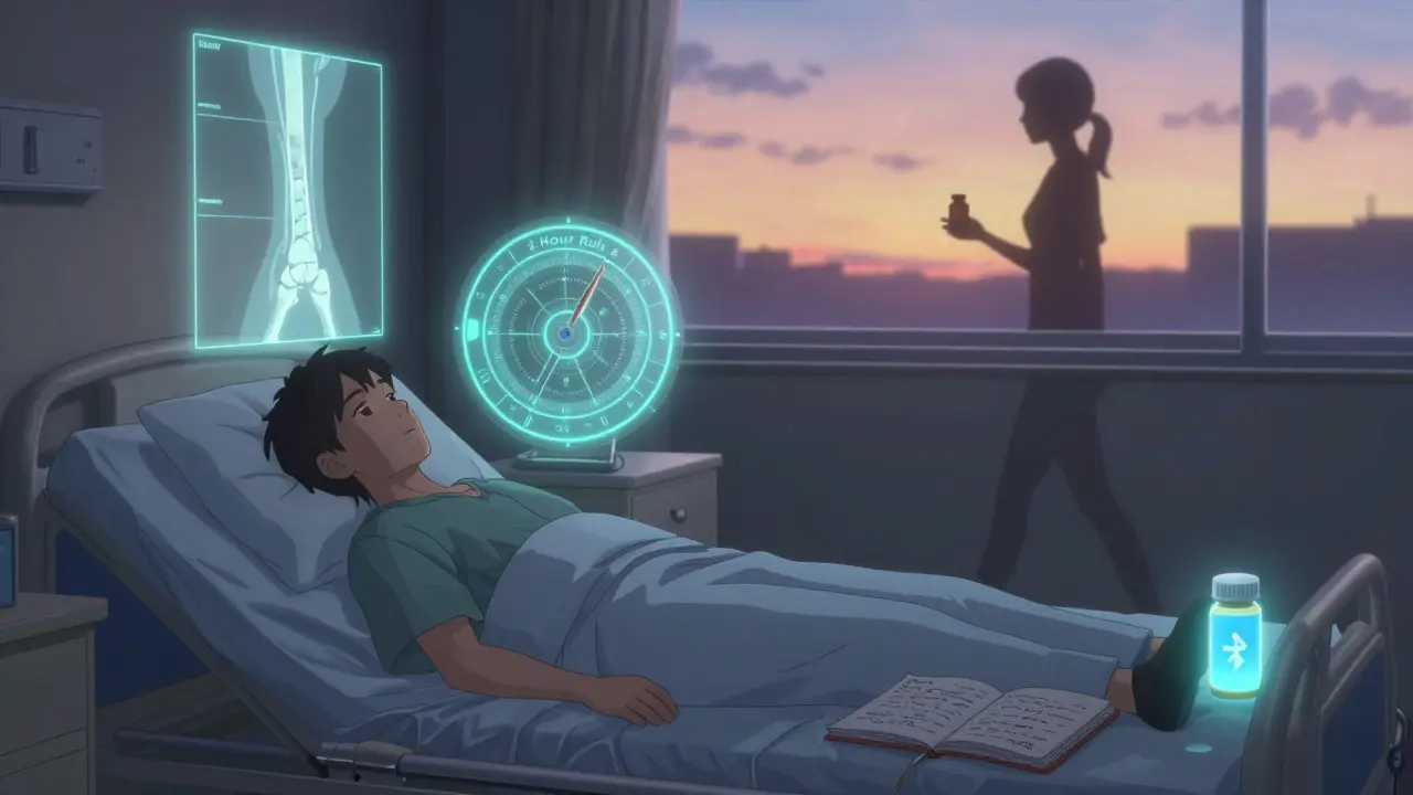 Patient in hospital with bone scan and spinning 2-hour timing wheel, smart pill bottle glowing nearby.