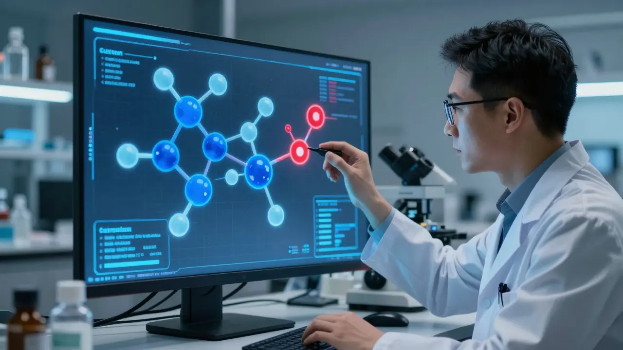 Scientist examining interconnected and separate molecular structures for drug safety analysis