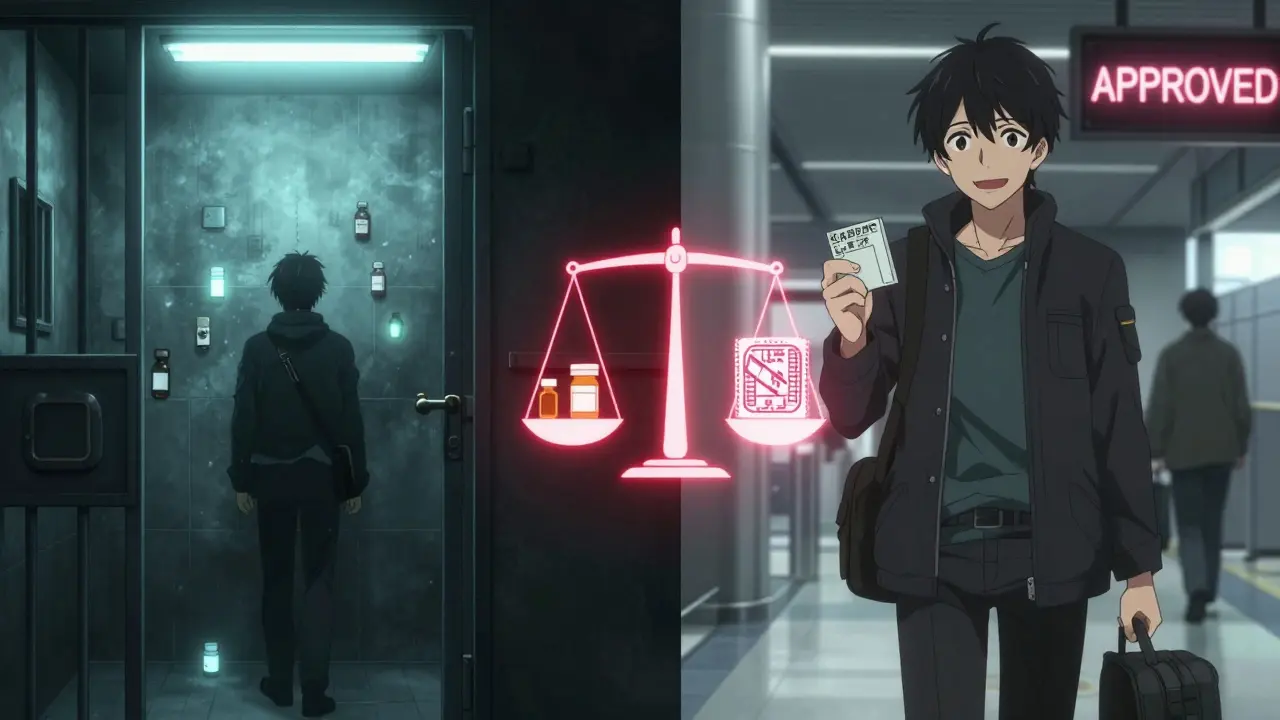 Split scene: detained traveler in prison vs. safe traveler in Tokyo airport, glowing scale between U.S. and international rules