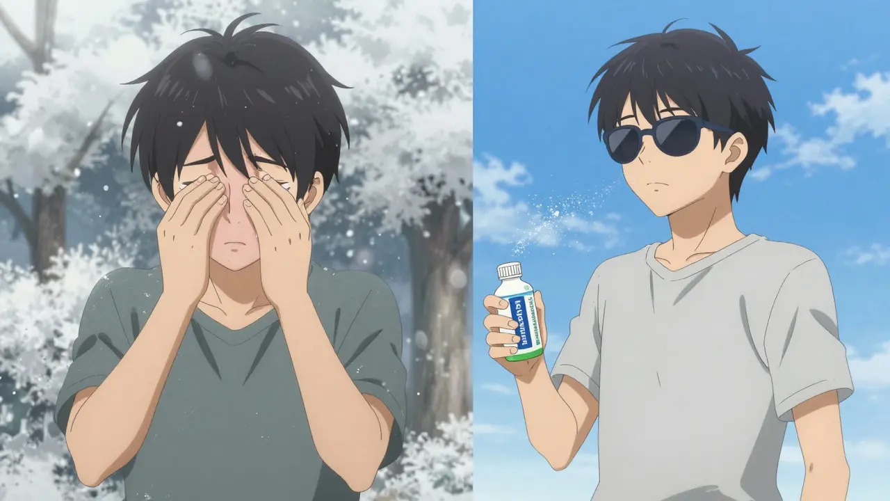 Split scene: one side shows a person suffering from allergies, the other shows them relief with sunglasses and eye drops.
