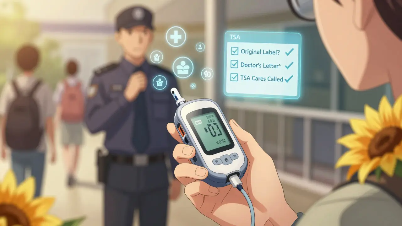 Traveler with insulin pump and sunflower lanyard, holographic medical checklist floating above